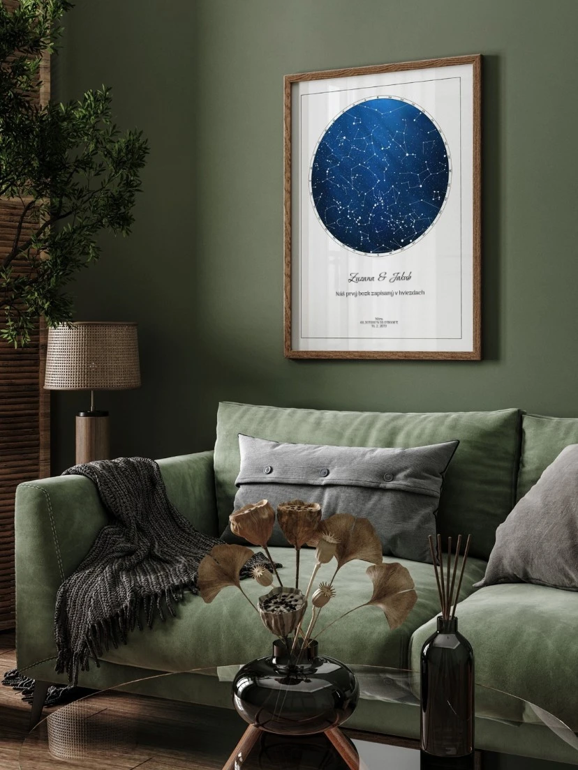 Obraz hviezdna obloha v zelenom interiéri obývačky