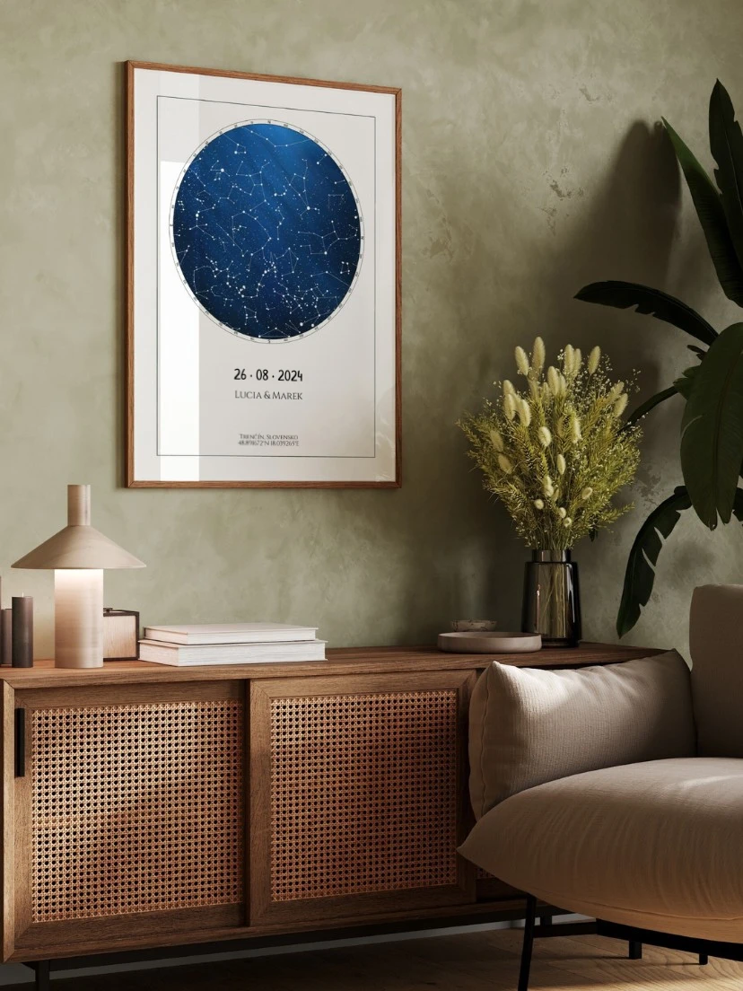 Mapa hviezdna obloha podľa dátumu svadby v interiéri
