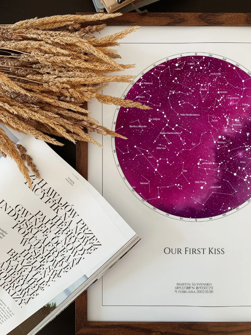 Mapa hviezdnej oblohy s textom Our First Kiss